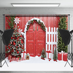 Lofaris Festlich Baum Rot Holz Tür Zaun Weihnachten Hintergrund