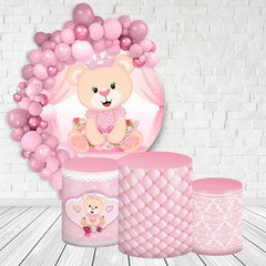 Rosa Blumen Und Teddy Tragen Runden Baby Dusche Hintergrund Bausatz