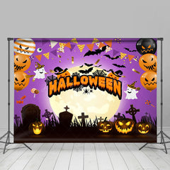 Lila Stimmung Kürbis Mond In Grab Glücklich Halloween Hintergrund