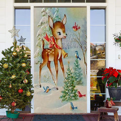 Sika Reh Vögel Schneefeld Weihnachten Baum Tür Abdeckung