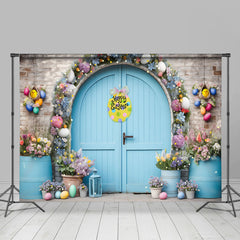 Blau Tür Ziegel Wand Blumen Glücklich Ostern Hintergrund