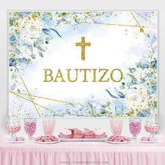 Lofaris Blue Floral Gold Glitter Bautizo Baby Shower Backdrop