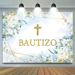 Lofaris Blue Floral Gold Glitter Bautizo Baby Shower Backdrop