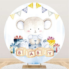 Blau Teddy Tragen Und Geschenke Runden Baby Dusche Hintergrund