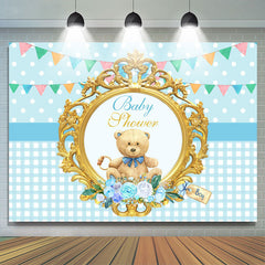 Blau Teddy Tragen Mit Flaggen Thema Babydusche Hintergrund