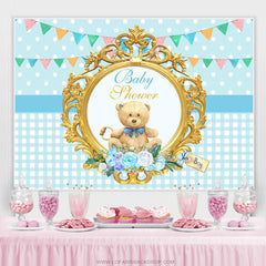 Blau Teddy Tragen Mit Flaggen Thema Babydusche Hintergrund