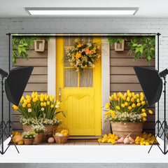 Hell Gelb Tür Blumen Holz Wand Ostern Hintergrund