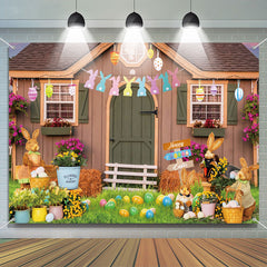 Hase Eier Blumen Holz Bauernhof Haus Ostern Hintergrund