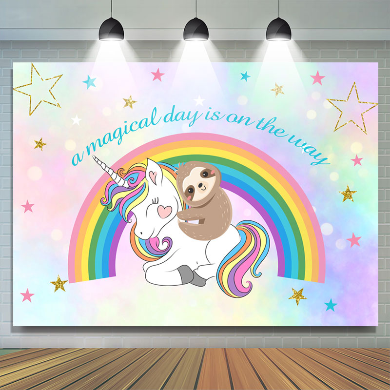 Lofaris Cute Sloth And Unicorn Rainbow Birthday Party Backdrop