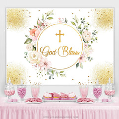 Gold Funkeln Gott Segnen Rosa Blumen Babydusche Hintergrund