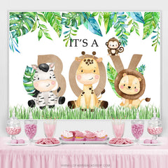 Lofaris Green Leaves Its A Boy Animals Baby Shower Backdrop