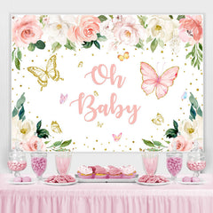 Oh Baby Schmetterling Rosa Blumen Gold Funkeln Hintergrund für babydusche