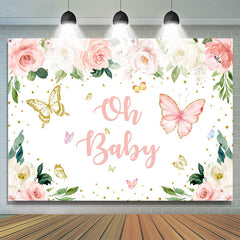 Oh Baby Schmetterling Rosa Blumen Gold Funkeln Hintergrund für babydusche