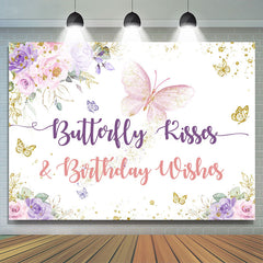 Rosa Und Lila Blumen Und Schmetterling Geburtstag Hintergrund