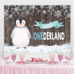 Winter Onederland Pinguin Schneeflocke Holz Hintergrund für Geburtstag