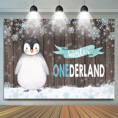 Winter Onederland Pinguin Schneeflocke Holz Hintergrund für Geburtstag