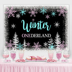 Winter Onederland Schneeflocke Wald Hintergrund für Geburtstag Party